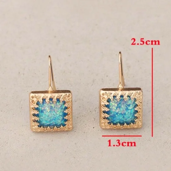 Blue Opal, Faux, Confetti Glitter Square Dangle Hook Gold color Earrings, Gift - Picture 3 of 4